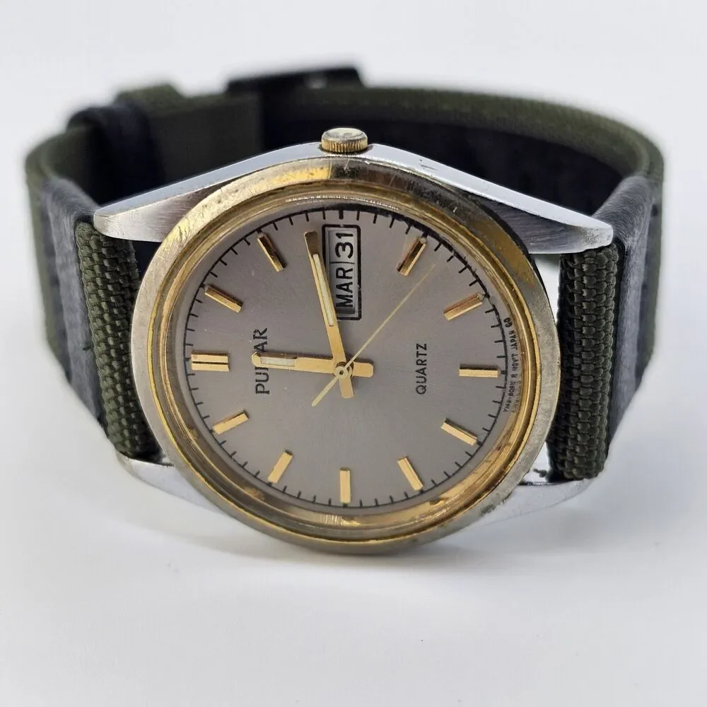 VTG Pulsar Men's Watch 35MM Gray Dial Day Date New Canvas‎ Bands New Battery